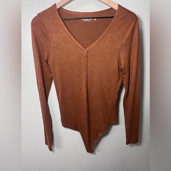 Abercrombie & Fitch Brown Long-Sleeve Cozy Henley Bodysuit Medium - Picture 2 of 5